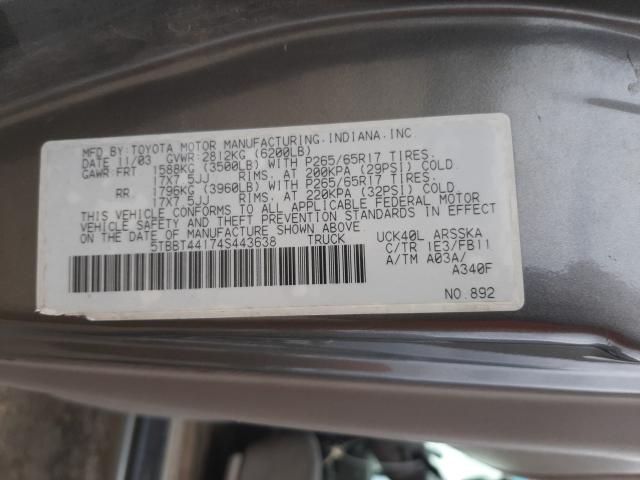 5TBBT44174S443638 - 2004 TOYOTA TUNDRA ACCESS CAB SR5 GRAY photo 10