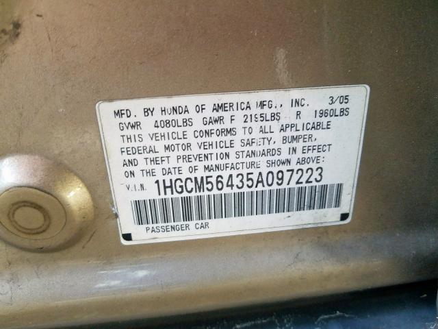 1HGCM56435A097223 - 2005 HONDA ACCORD LX  photo 10