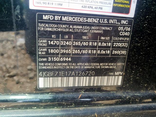 4JGBF71E17A126720 - 2007 MERCEDES-BENZ GL 450 4MATIC  photo 10