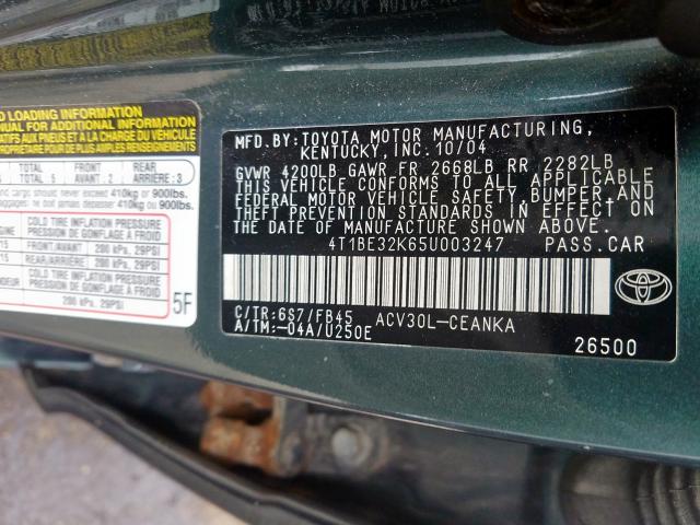 4T1BE32K65U003247 - 2005 TOYOTA CAMRY LE  photo 10