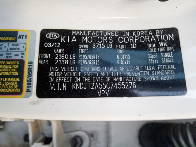 KNDJT2A55C7455276 - 2012 KIA SOUL  photo 10