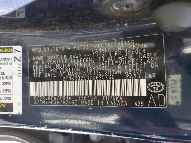 2T1KR32E17C625760 - 2007 TOYOTA COROLLA MA XR BLUE photo 12