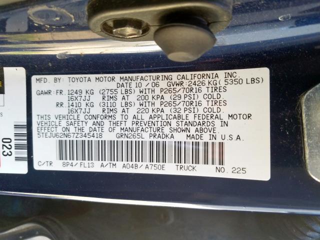 5TEJU62N67Z345418 - 2007 TOYOTA TACOMA DOUBLE CAB PRERUNNER  photo 10