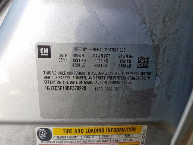 1G1ZC5E18BF378220 - 2011 CHEVROLET MALIBU 1LT  照片 10