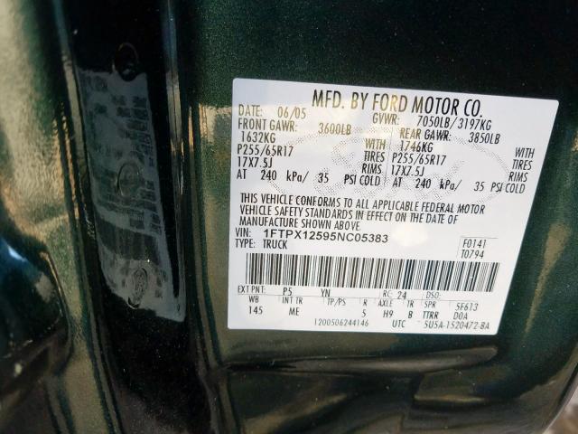 1FTPX12595NC05383 - 2005 FORD F150  photo 10