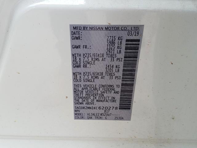 5N1DR2MN1KC620278 - 2019 NISSAN PATHFINDER S  photo 10