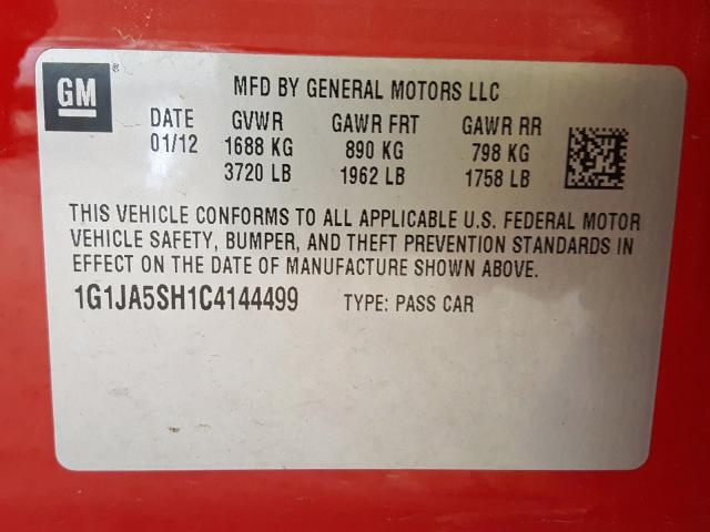 1G1JA5SH1C4144499 - 2012 CHEVROLET SONIC LS  photo 10