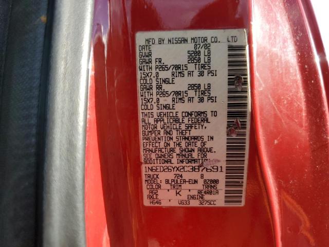 1N6ED26YX2C387691 - 2002 NISSAN FRONTIER KING CAB XE RED photo 12