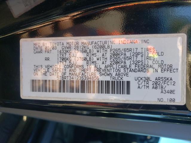 5TBRT34123S394856 - 2003 TOYOTA TUNDRA ACCESS CAB SR5 BLACK photo 12