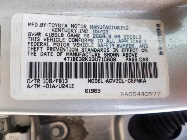 4T1BE32K33U710609 - 2003 TOYOTA CAMRY LE  photo 10