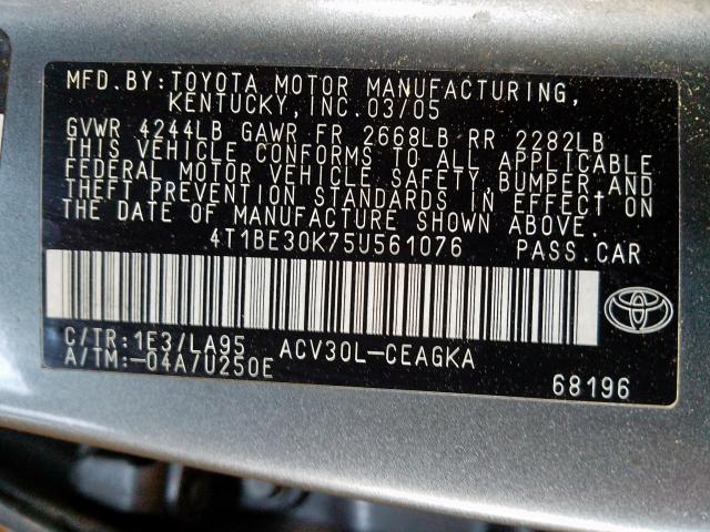 4T1BE30K75U561076 - 2005 TOYOTA CAMRY LE  photo 10