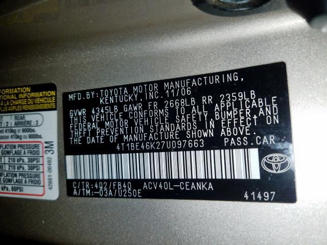 4T1BE46K27U097663 - 2007 TOYOTA CAMRY CE  photo 10