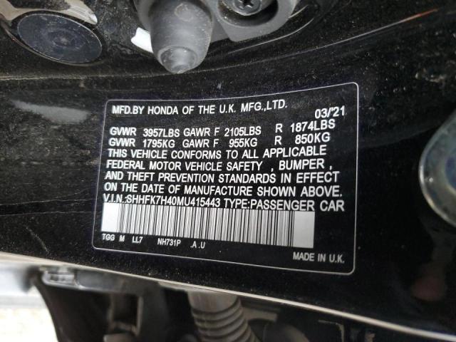 SHHFK7H40MU415443 - 2021 HONDA CIVIC SPORT Schwarz Foto 12