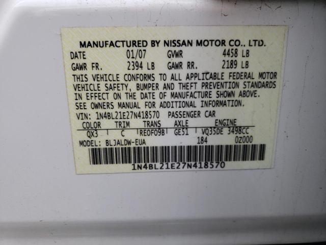 1N4BL21E27N418570 - 2007 NISSAN ALTIMA 3.5SE WHITE photo 12