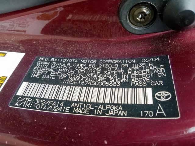 JTKDE167450005683 - 2005 TOYOTA SCION TC  photo 10