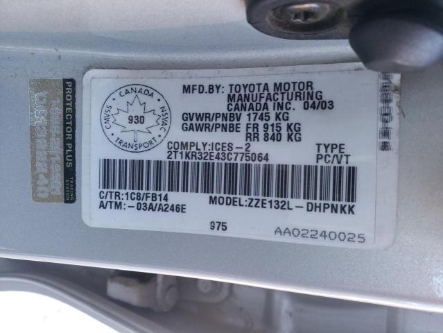 2T1KR32E43C775064 - 2003 TOYOTA MATRIX XR SILVER photo 12