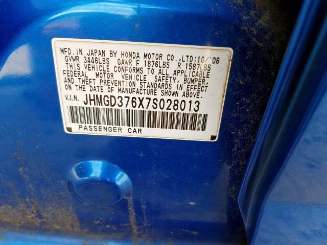 JHMGD376X7S028013 - 2007 HONDA FIT S  照片 10