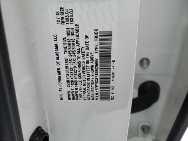 5FPYK3F51KB026992 - 2019 HONDA RIDGELINE RTL WHITE photo 12