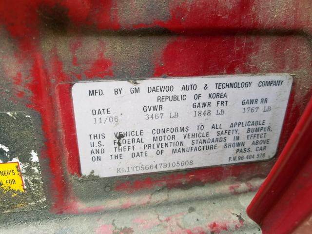 KL1TD56647B105608 - 2007 CHEVROLET AVEO BASE  ფოტო 10