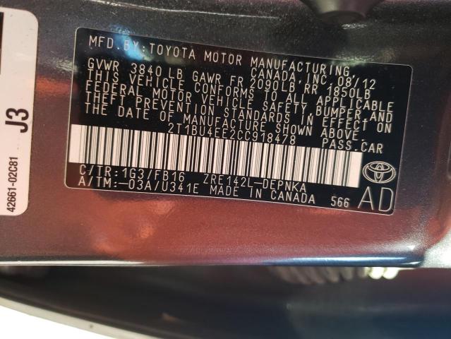 2T1BU4EE2CC918478 - 2012 TOYOTA COROLLA LE BASE GRAY photo 12