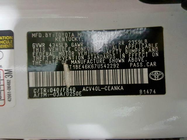 4T1BE46K67U542292 - 2007 TOYOTA CAMRY CE  photo 10