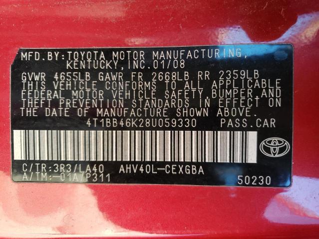 4T1BB46K28U059330 - 2008 TOYOTA CAMRY HYBRID RED photo 12