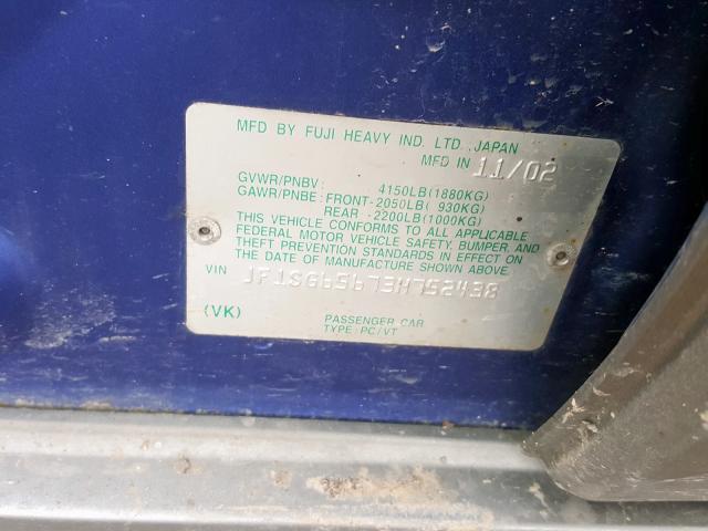 JF1SG65673H752438 - 2003 SUBARU FORESTER 2.5XS  ფოტო 10