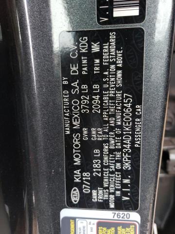 3KPF34AD1KE006457 - 2019 KIA FORTE GT LINE CHARCOAL photo 12