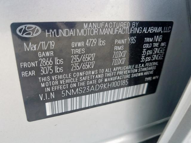 5NMS23AD9KH100185 - 2019 HYUNDAI SANTA FE SE  photo 10