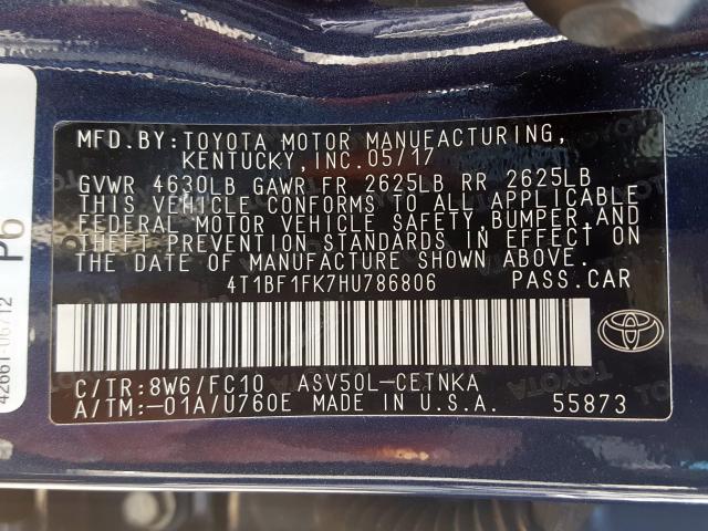 4T1BF1FK7HU786806 - 2017 TOYOTA CAMRY LE  photo 10