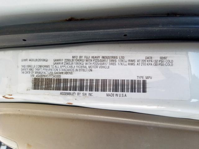 4S4BP61C777343305 - 2007 SUBARU subaru legacy out  photo 10