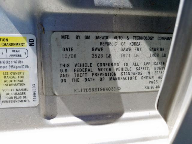 KL1TD56E19B403138 - 2009 CHEVROLET AVEO LS  ფოტო 10