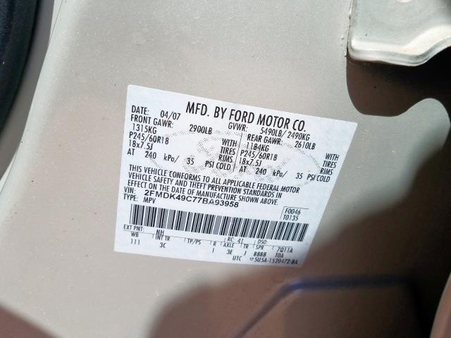 2FMDK49C77BA93958 - 2007 FORD EDGE SEL PLUS  photo 10