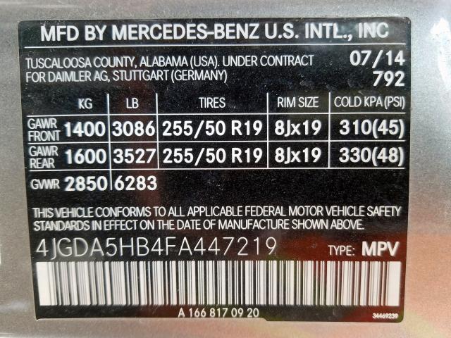 4JGDA5HB4FA447219 - 2015 MERCEDES-BENZ ML 350 4MATIC  photo 10