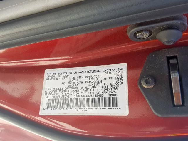 5TBRT34182S245480 - 2002 TOYOTA TUNDRA ACCESS CAB  photo 10