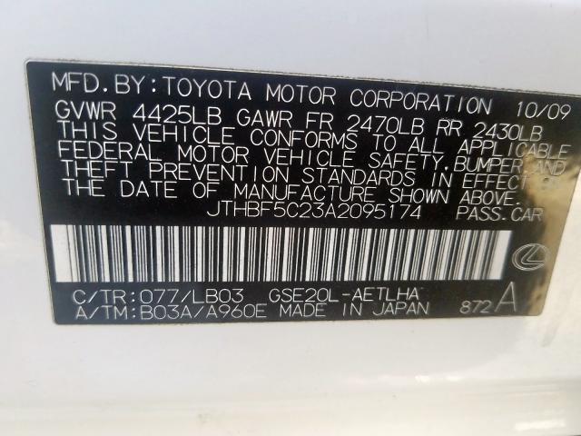 JTHBF5C23A2095174 - 2010 LEXUS IS 250  photo 10