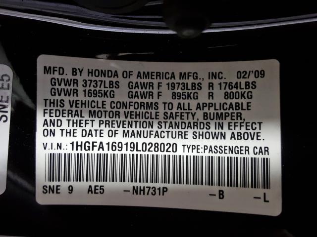 1HGFA16919L028020 - 2009 HONDA CIVIC EXL  լուսանկար 10