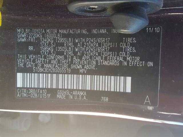 5TDBK3EH2BS055519 - 2011 TOYOTA HIGHLANDER BASE  photo 10