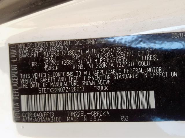 5TETX22N07Z428013 - 2007 TOYOTA TACOMA ACCESS CAB  ფოტო 10