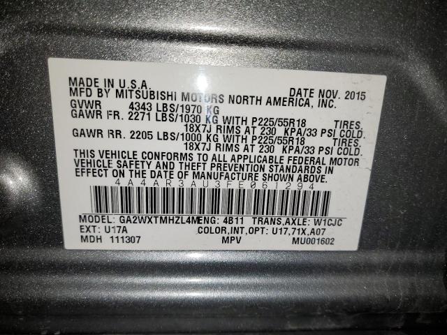 4A4AR3AU3FE061294 - 2015 MITSUBISHI OUTLANDER ES GRAY photo 12