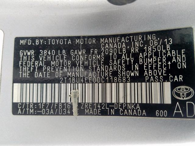 2T1BU4EE0DC118683 - 2013 TOYOTA COROLLA BASE  照片 10