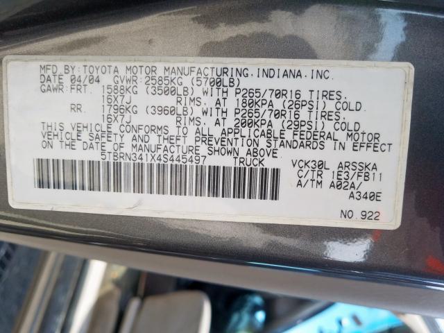 5TBRN341X4S445497 - 2004 TOYOTA TUNDRA ACCESS CAB SR5  photo 10