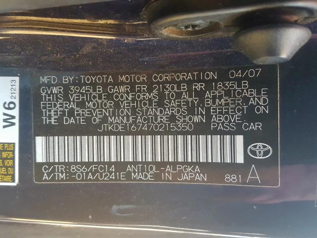 JTKDE167470215350 - 2007 TOYOTA SCION TC  ფოტო 10