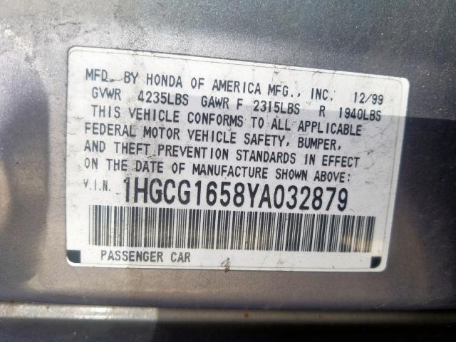 1HGCG1658YA032879 - 2000 HONDA ACCORD EX  photo 10