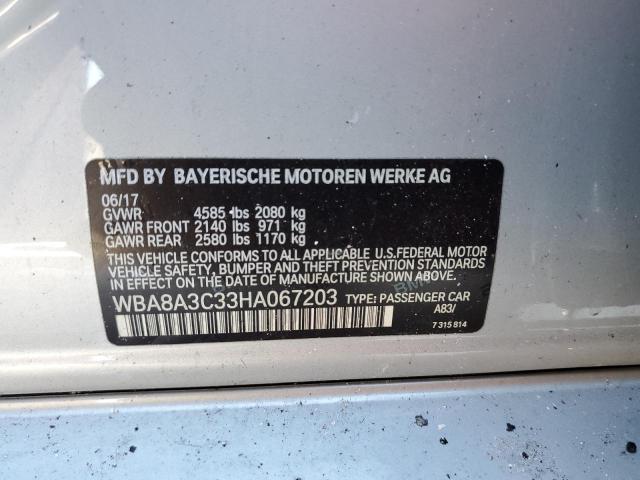 WBA8A3C33HA067203 - 2017 BMW 320 XI SILVER photo 12