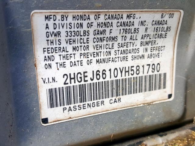 2HGEJ6610YH581790 - 2000 HONDA CIVIC BASE  照片 10