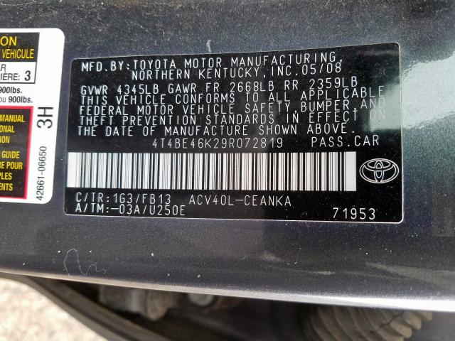 4T4BE46K29R072819 - 2009 TOYOTA CAMRY BASE  photo 10
