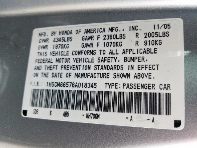 1HGCM66576A018345 - 2006 HONDA ACCORD EX  photo 10