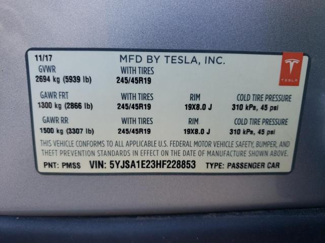 5YJSA1E23HF228853 - 2017 TESLA MODEL S Արծաթագույն լուսանկար 12