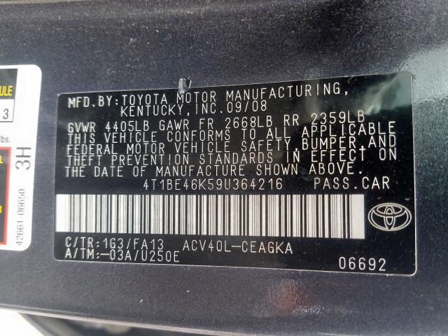 4T1BE46K59U364216 - 2009 TOYOTA CAMRY BASE  photo 10